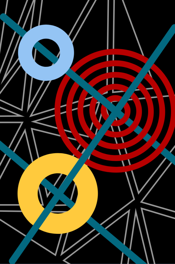 Bauhause inspired design with circles, lines, & triangles.