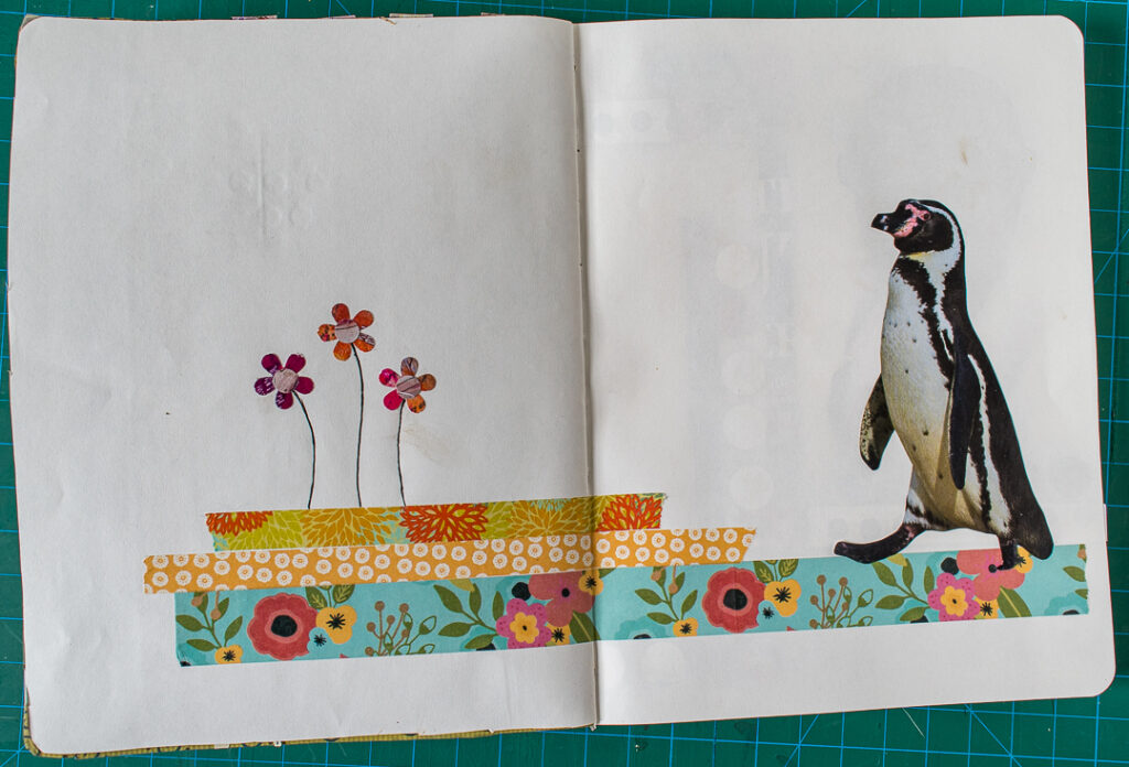 A whimsical art journal spread with