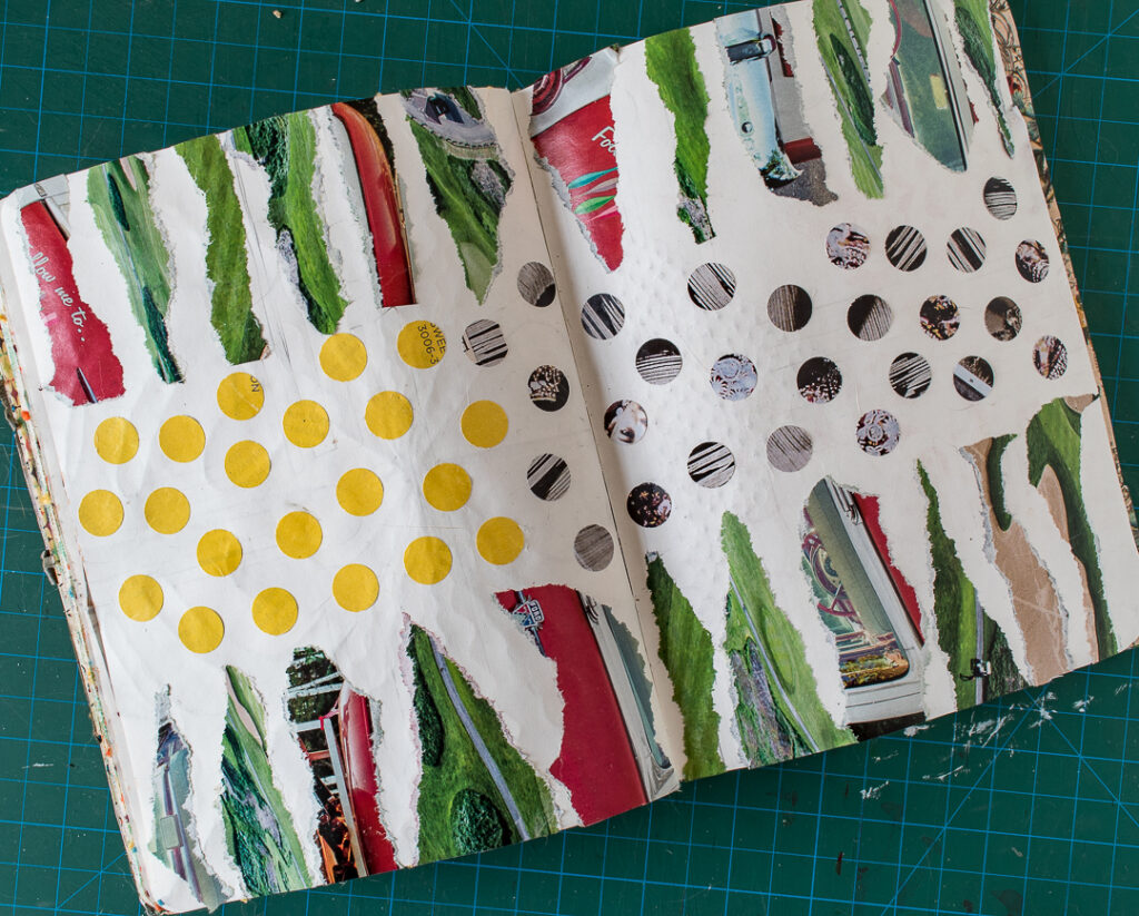 Using torn magazine pages and punched out circles in a journal spread.