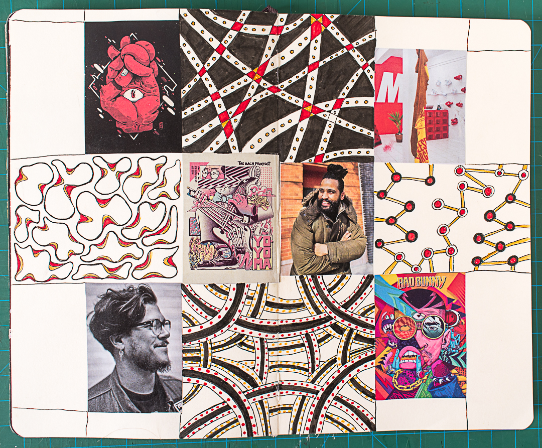 Four patterns added to Zentangle inspired journal spread.