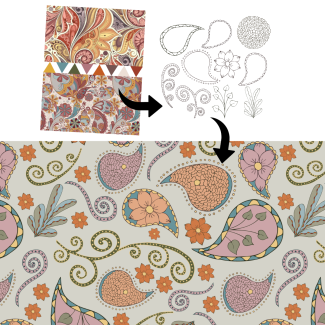Collage of my design process with a mood board, sketches, and finished pattern.